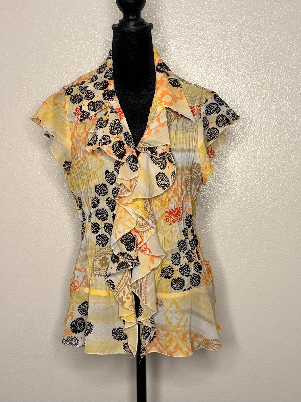 Sunny Leigh Ruffled Floral Print Cap-Sleeve Blouse - Yellow L